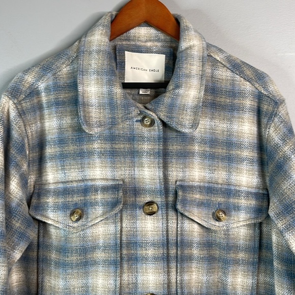 American Eagle Plaid Shacket Jacket Powder Blue Grey White Button Up Pockets M - Picture 4 of 14